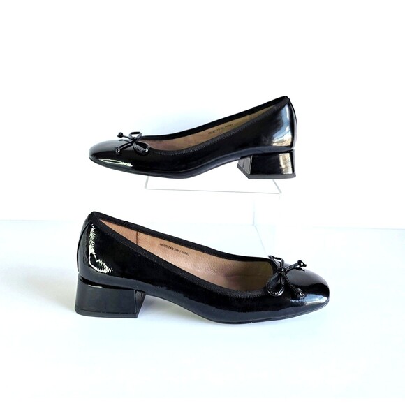 Anthropologie BIBI LOU Black Patent Leather Heeled Ballet Pumps Sz 39 Bow - Picture 7 of 14